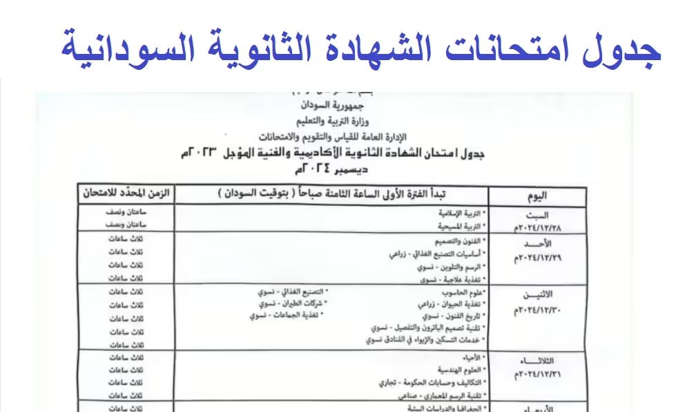 جــدول رسمــي .. موعد امتحان الشهادة السودانية وخطوات التسجيل لامتحانات الشهادة السودانية لعام 2024-2025