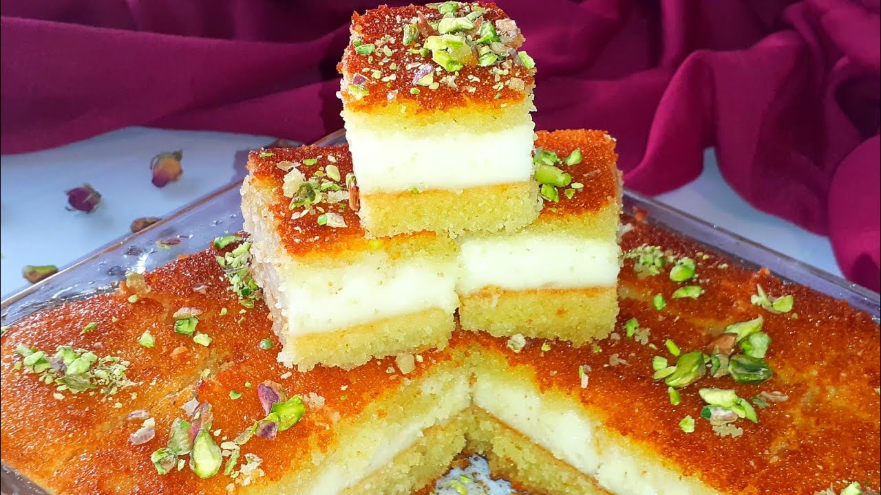 بمكونات بسيطة ..بسبوسة بالقشطة بأبسط وانجح طريقة في المنزل